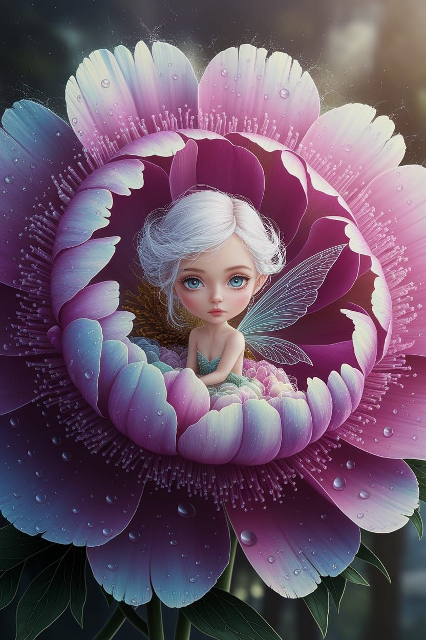Chibi Fairy Inside Iridescent Peony Flower in Abstract Expre...