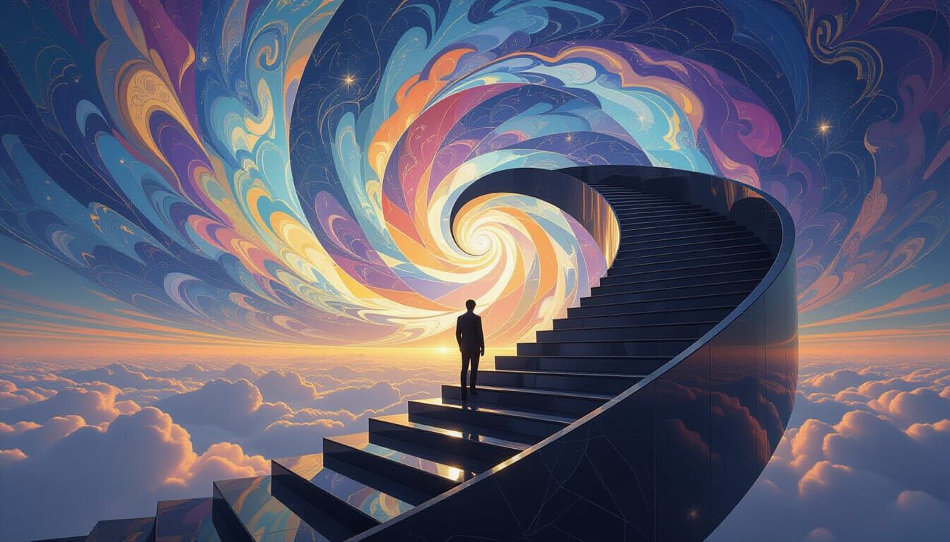 A lone figure stands on the precipice of a colossal, spiraling staircase that twists endlessly into the sky, challenging...