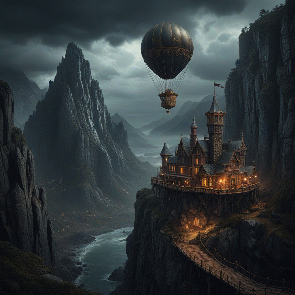 Epic Stormy Steampunk Mountainscape with Dwarf Airship