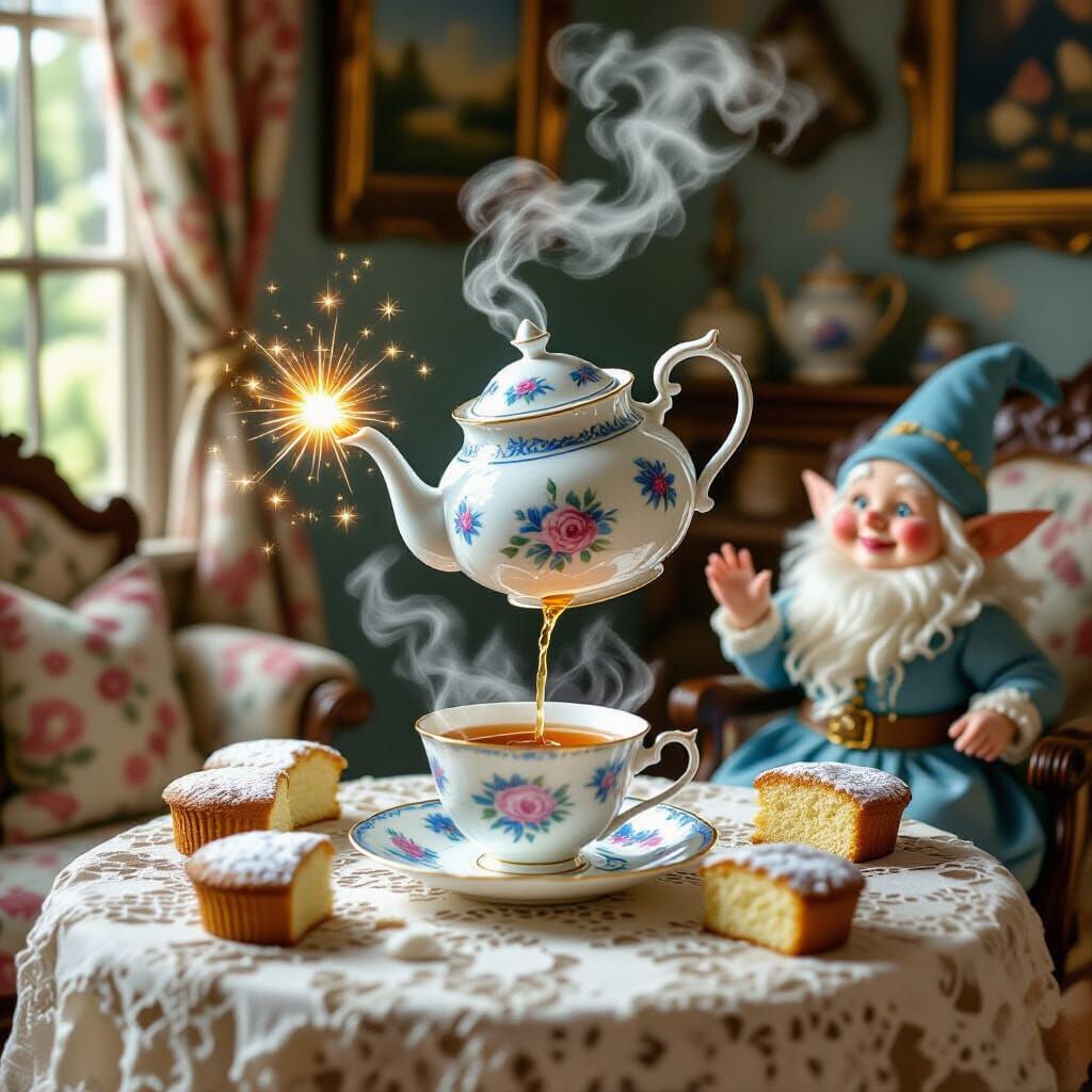 Magical Teapot Pours Tea in Whimsical Sitting Room
