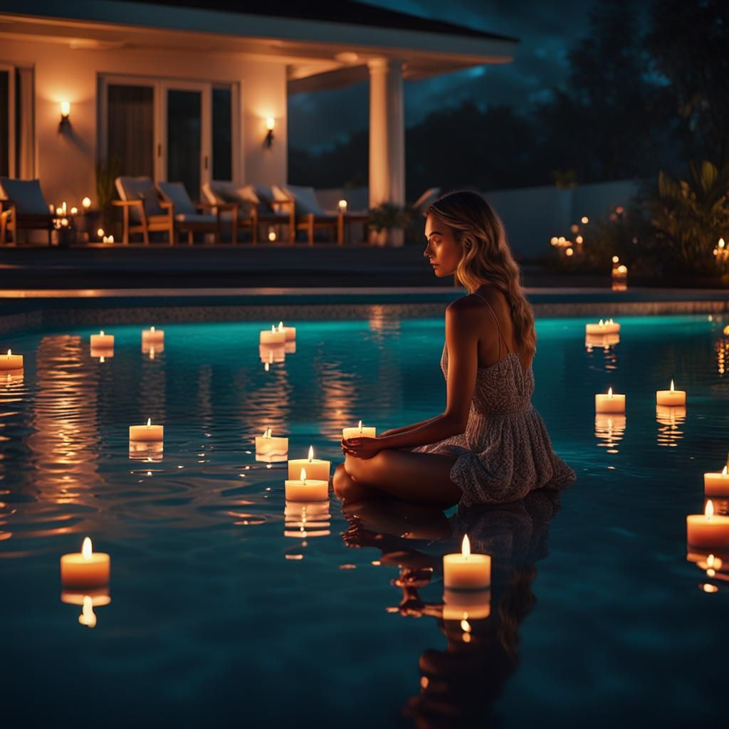 Epic Poolside Scene with Floating Candles and Full Moon