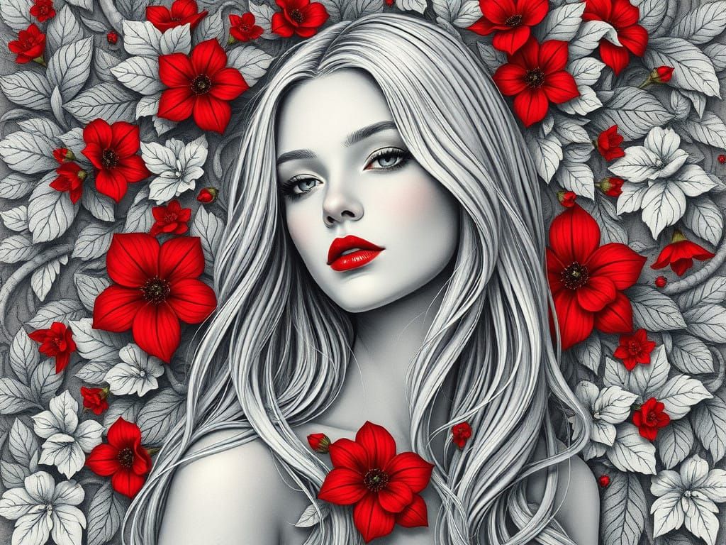 Elegant Lady Amidst Whimsical Floral Patterns in Art Nouveau...