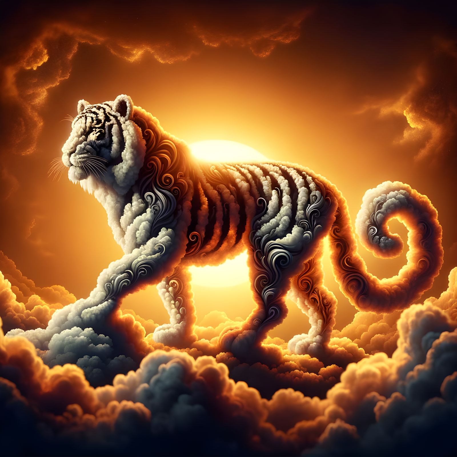 Glowing Cloud Tiger Majestically Soars Against Sunset Backdr...