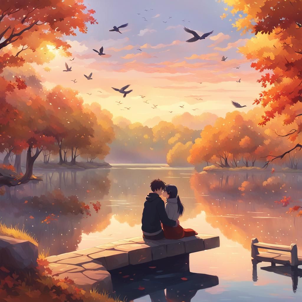Autumn Romance on Serene Lake in Soft Golden Light