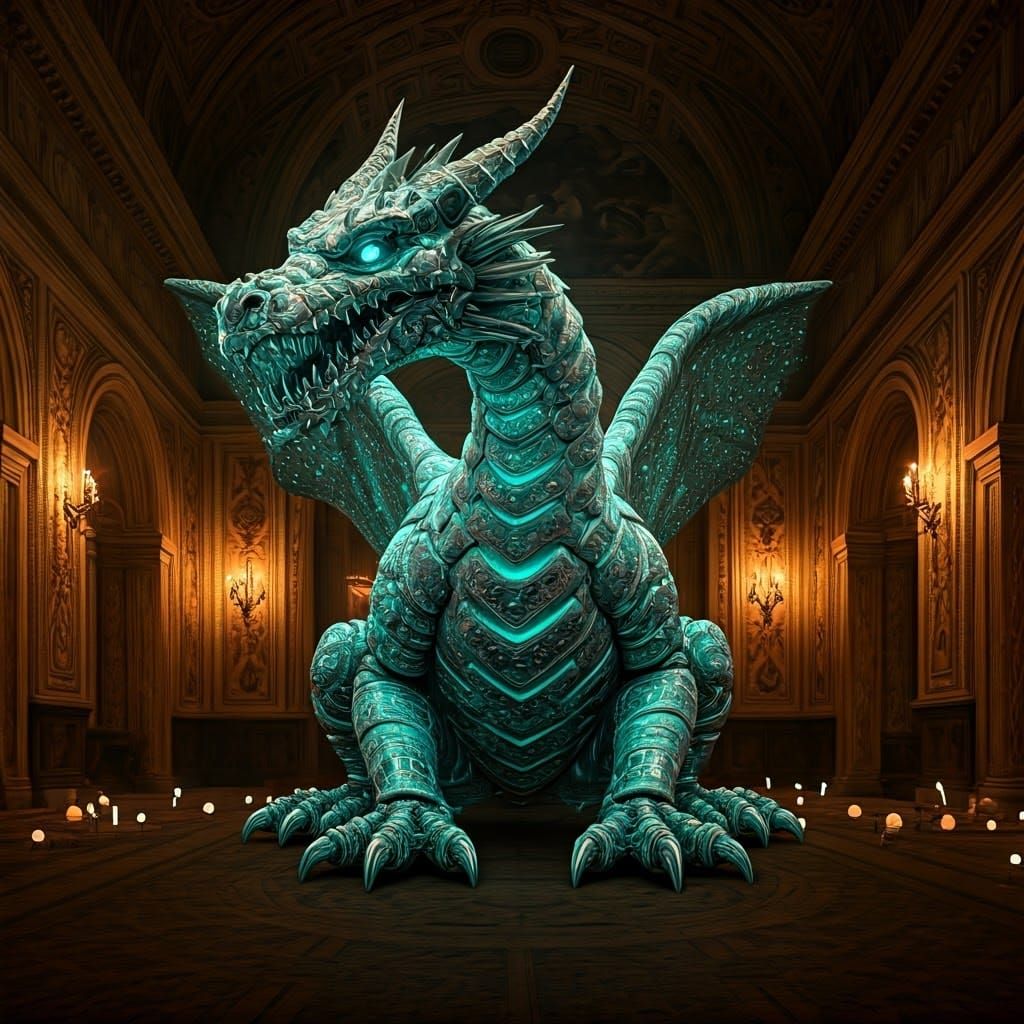 Surreal Metal Dragon in Ancient Chamber - Grandiose Photorea...