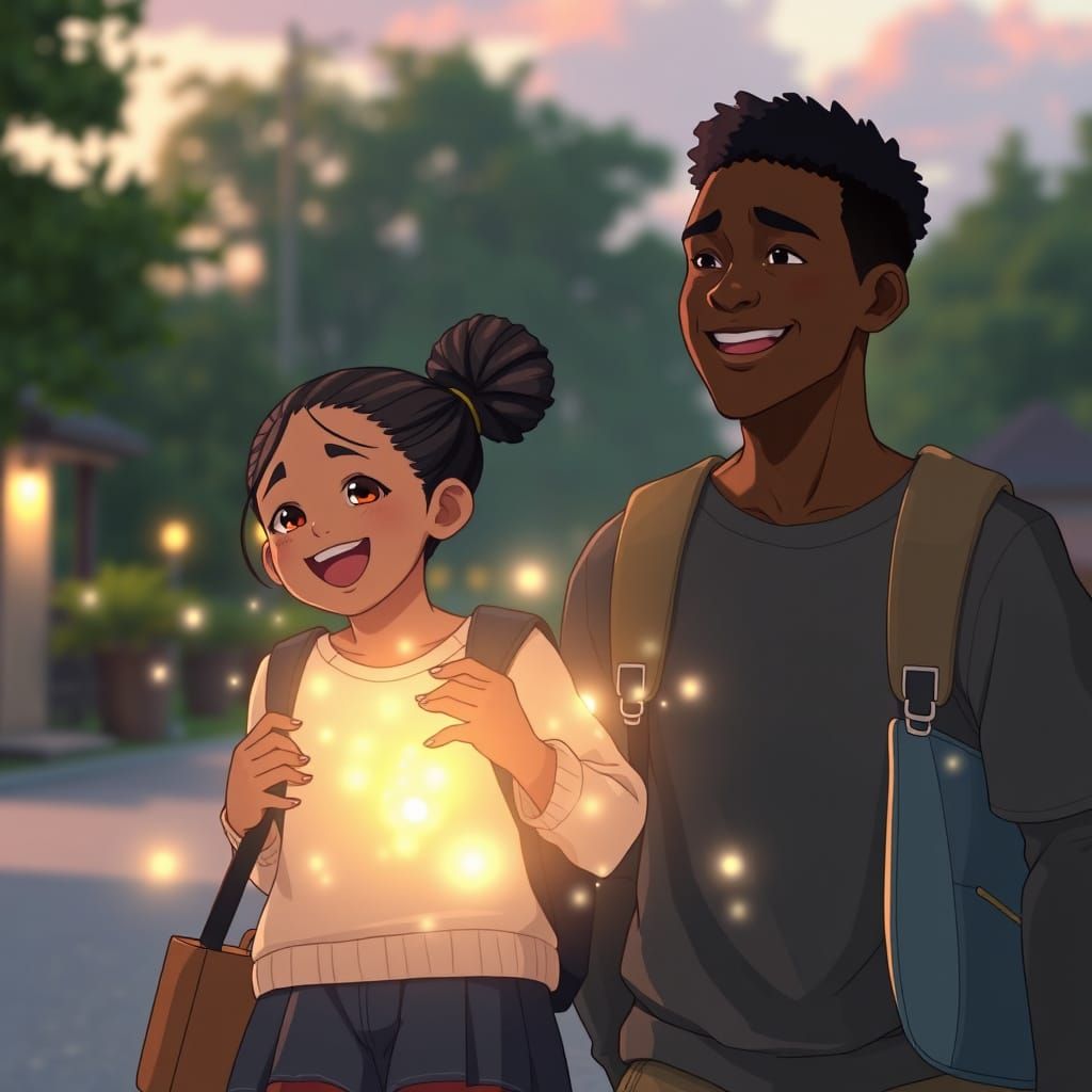 Joyful Realistic Anime Portrait of a Young Father and Daught...