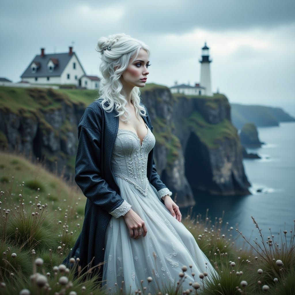 Gothic Woman at Lighthouse in Photorealistic Style