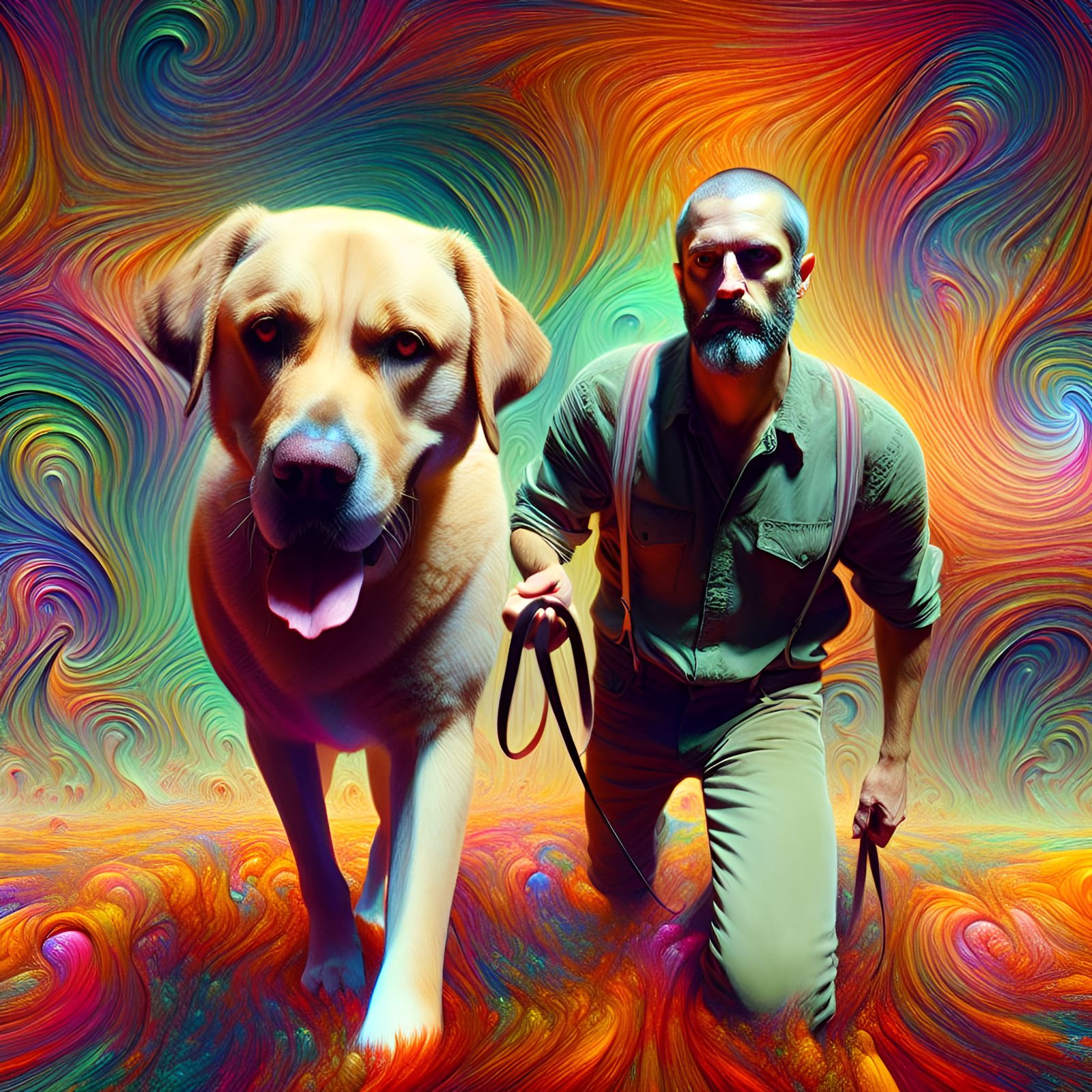 Man and Dog Navigate Psychedelic Landscape