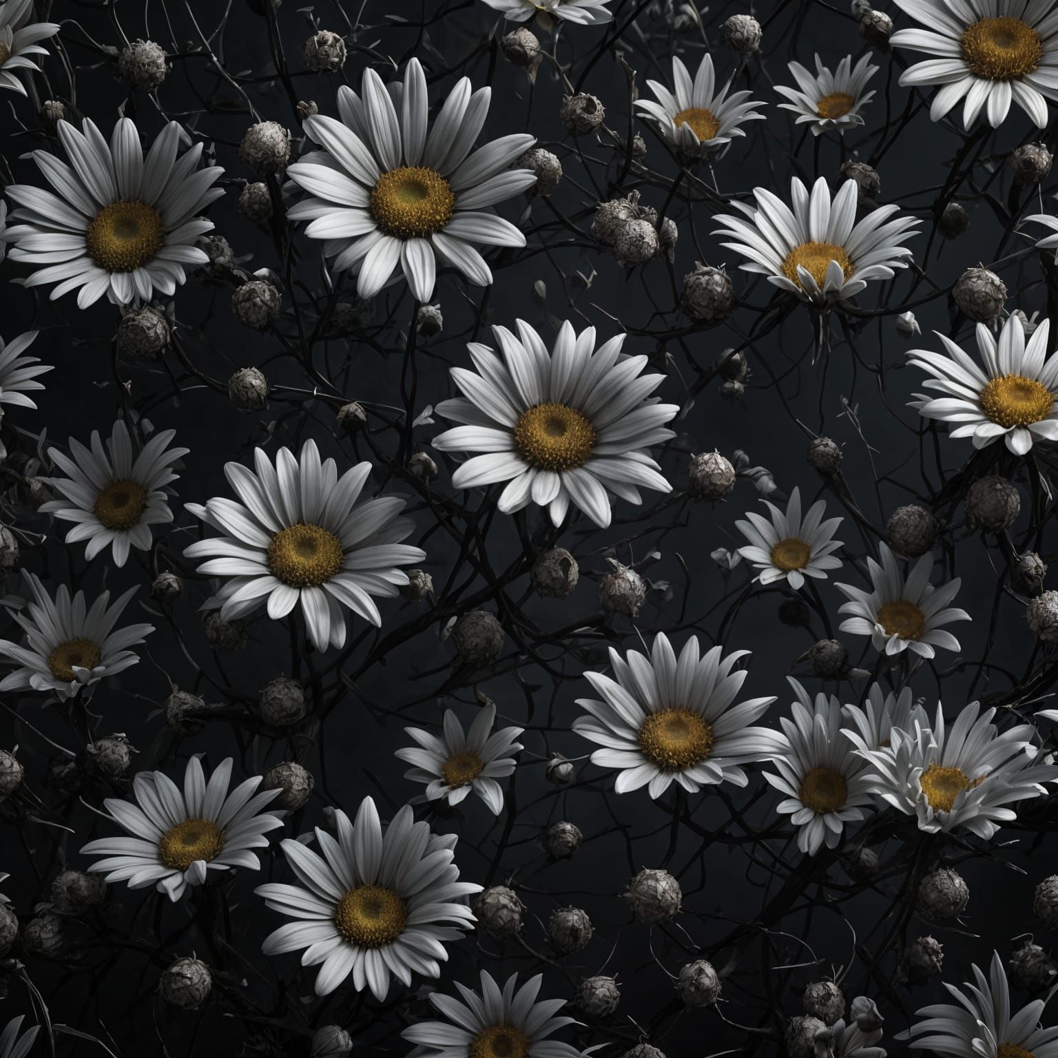 Dark daisy flowers in a gothic setting