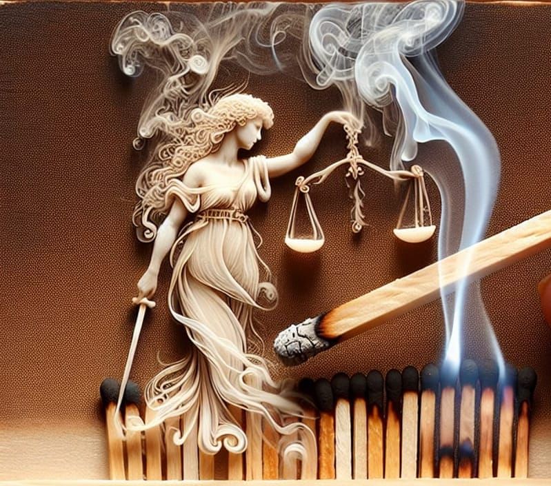 Smoke Drawing of a Woman Holding Scales Amidst Extinguished....