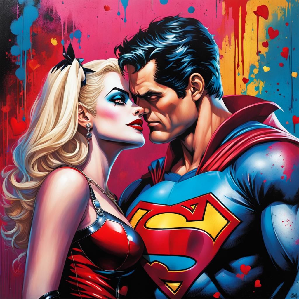 Harley Quinn and Superman in Vibrant Graffiti Love