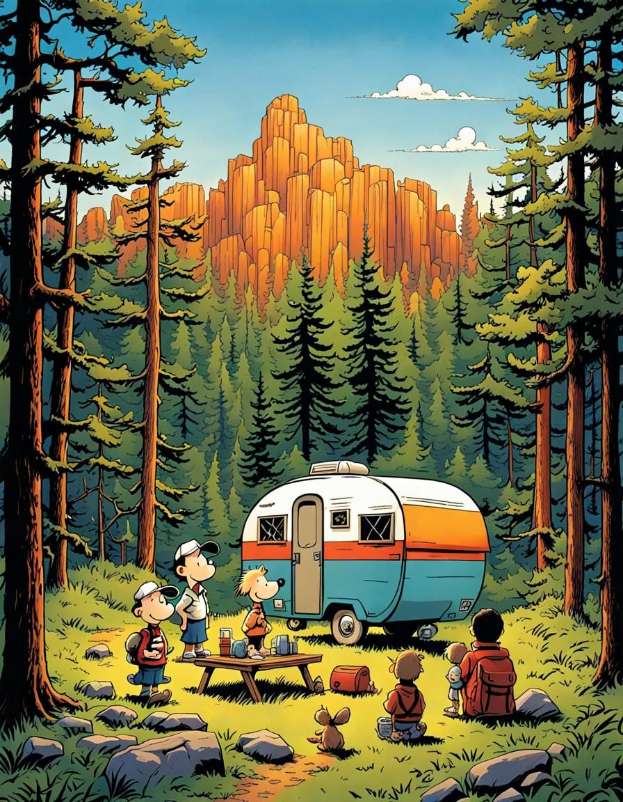 Surreal Cartoon Landscape with Campers in a Dreamlike Settin...