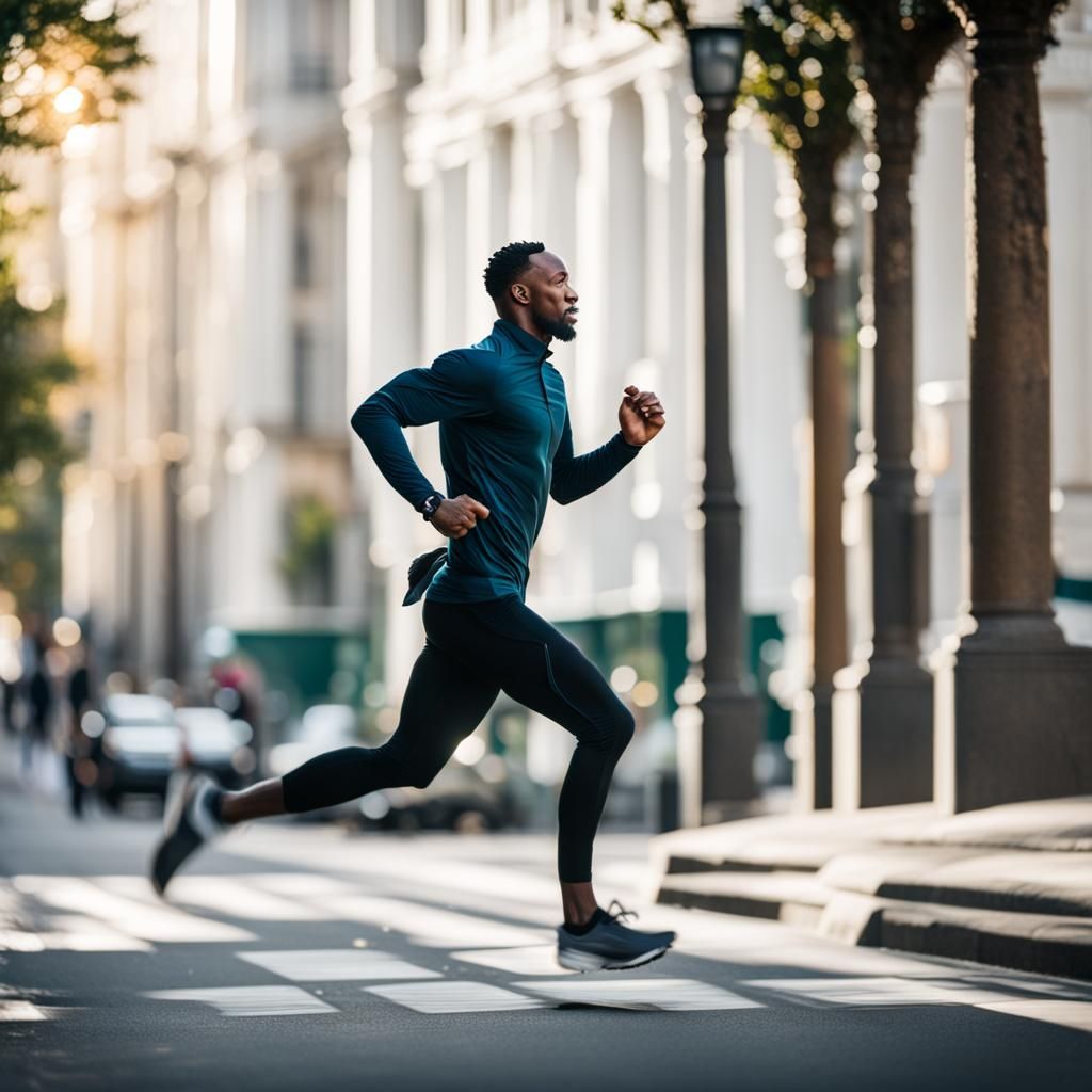 Man Running Along a City Street in Professional Photography...