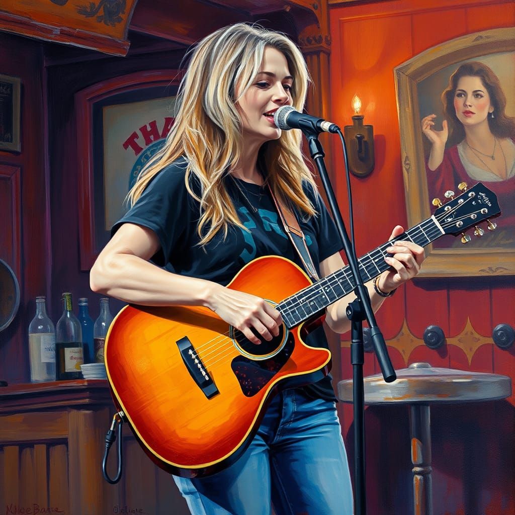 Impressionist Woman Plays Guitar on Tavern Stage