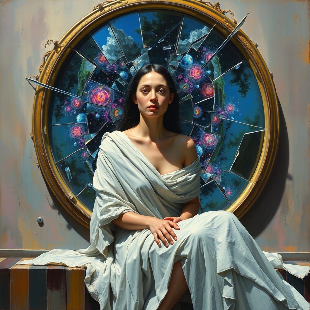 Lone Woman Contemplates Cosmic Realities in Vibrant Oil Pain...