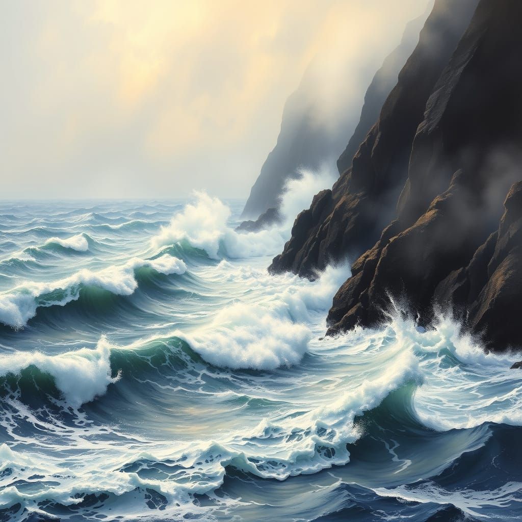 Tempestuous Seascape with Crashing Waves in Oil Paint