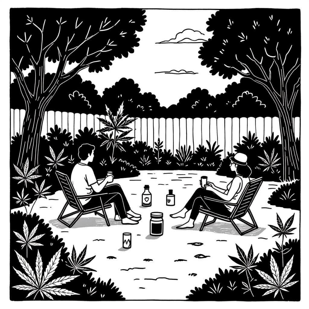 Serene Backyard Scene in Black and White Line Art