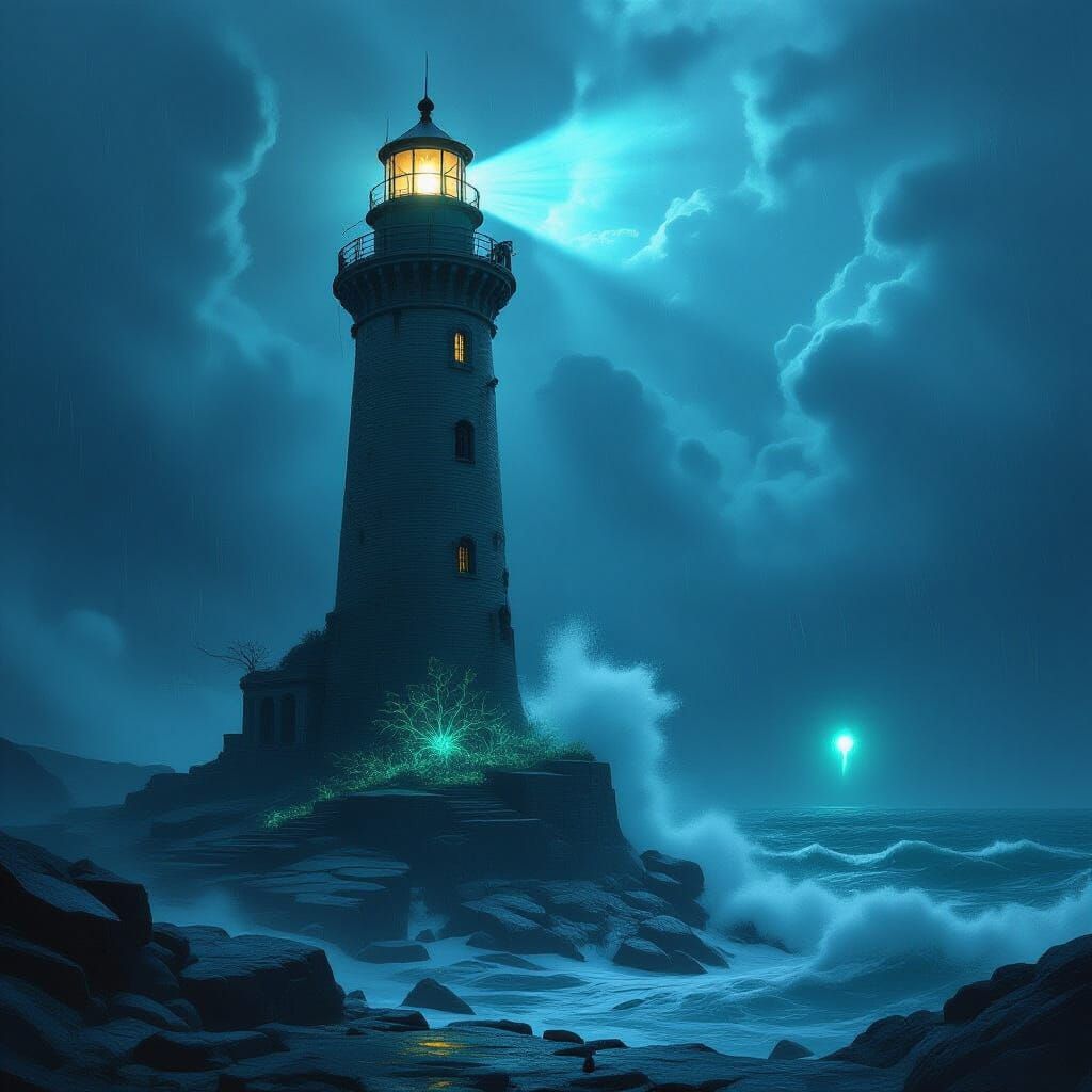 Ancient Lighthouse Against Stormy Seas In Dark Fantasy Style