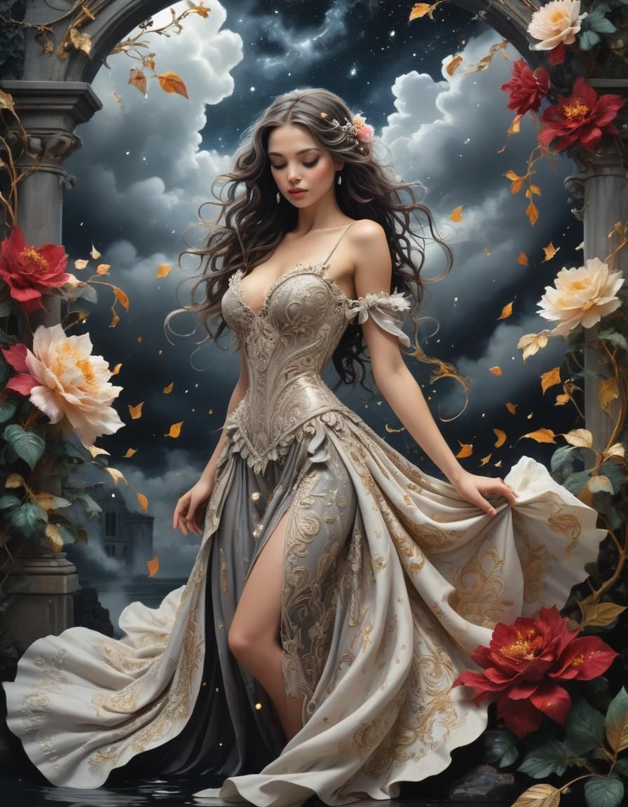 Ethereal Woman Amidst Starry Storm in Intricate Filigree Dam...