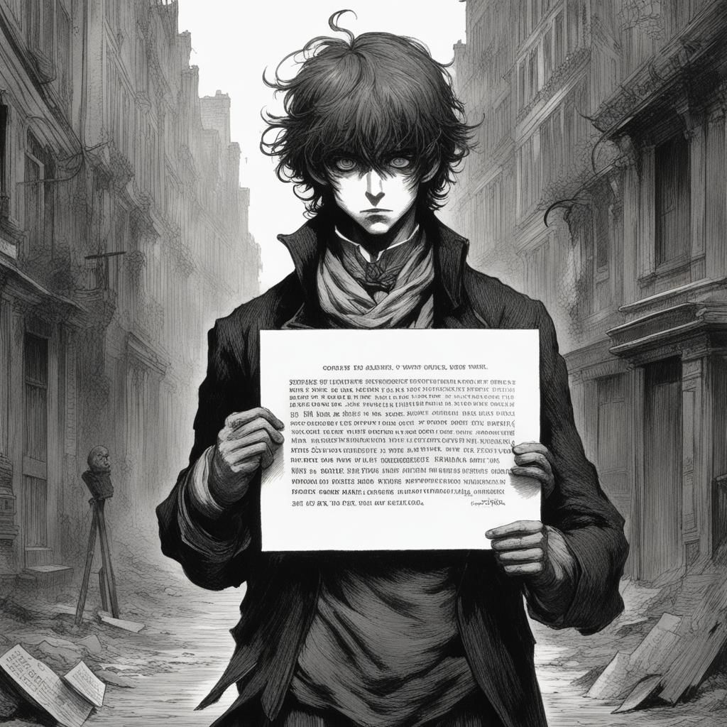 Soulless Anime Youth Carries Grim Sign in Hands