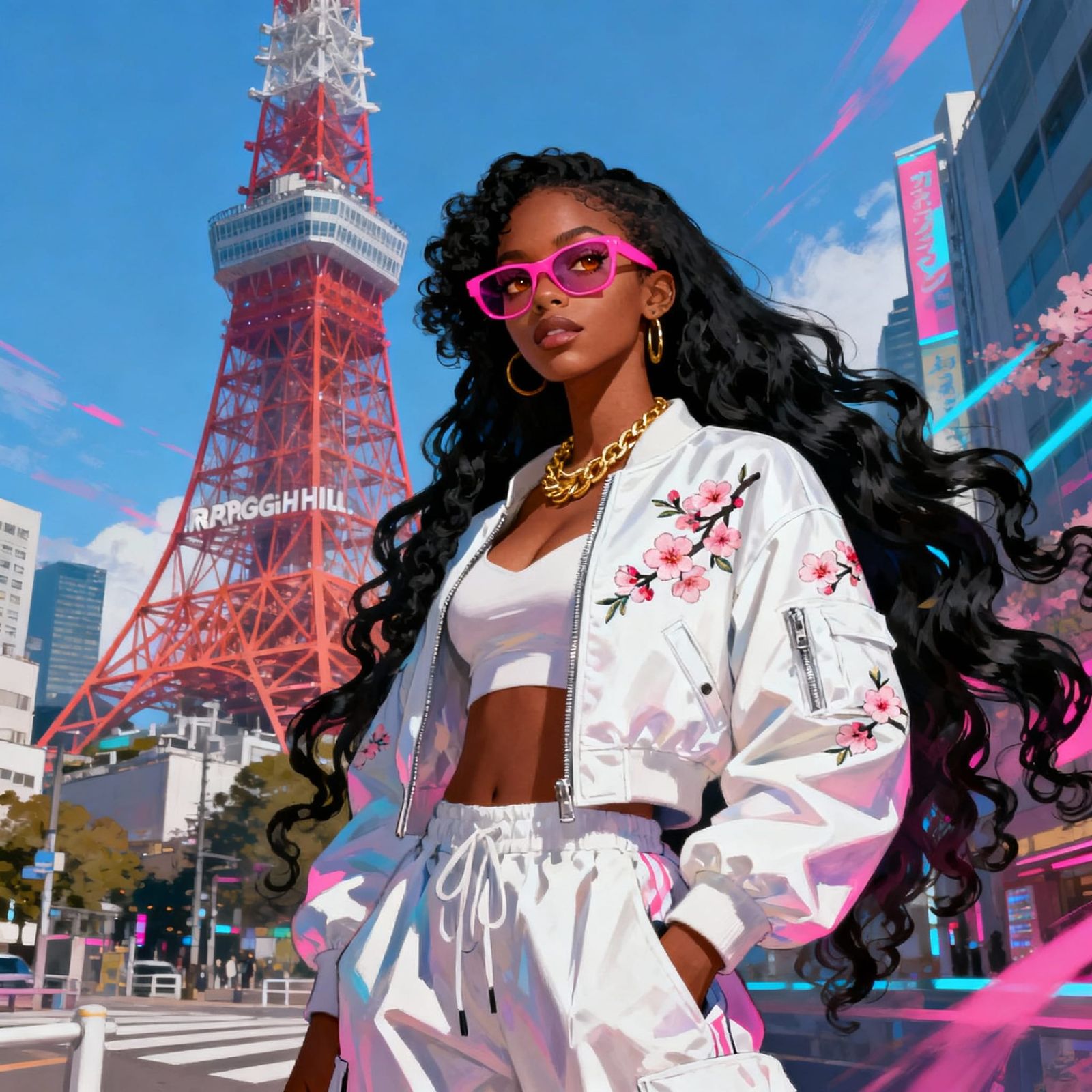 Mixed Race Woman in Tokyo with Cherry Blossom Jacket