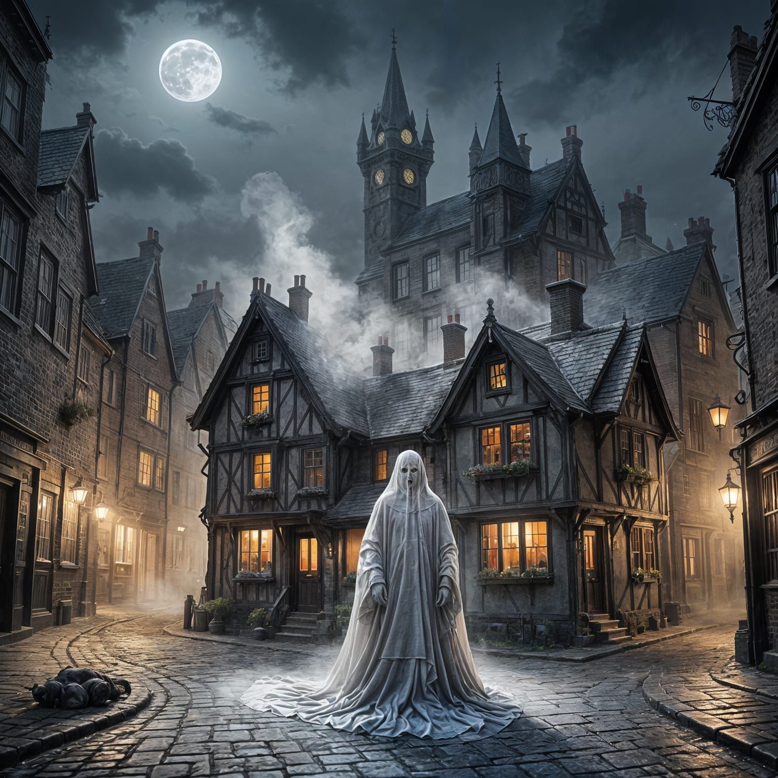 Ethereal Spirit Rises from Cobblestone Street in a Haunting....