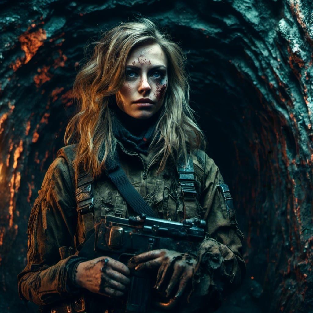 Dark Fantasy Assassin in Navy Black Ops Underwater Base