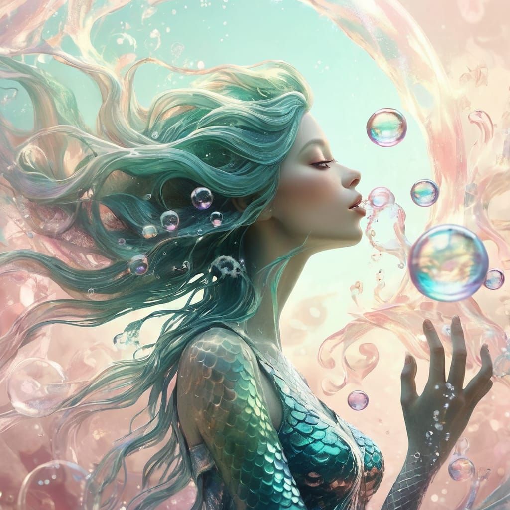 Ethereal Mermaid Blowing Magical Bubbles, Digital Art