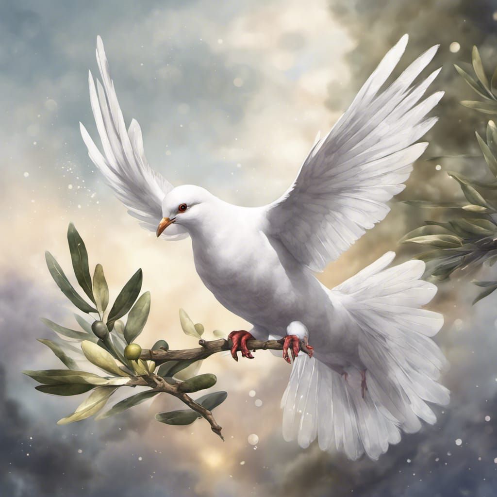 Ethereal Dove soars with Olive Branch in a Realistic Waterco...