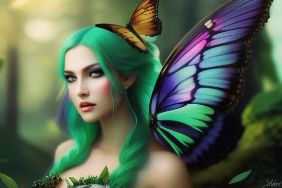 Enchanting Green-Haired Fairy in Forest, Digital Art
