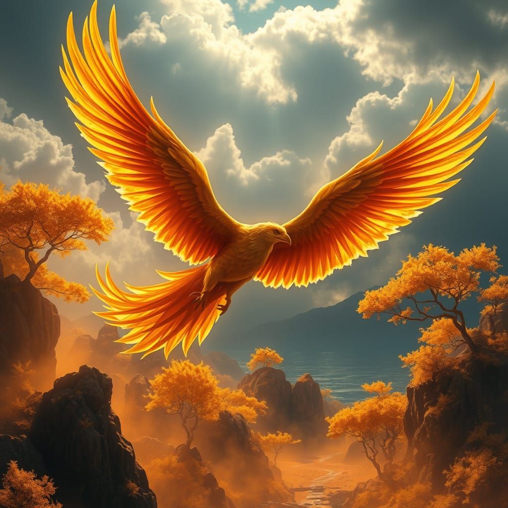 Golden Phoenix Soars Through a Futuristic Realm