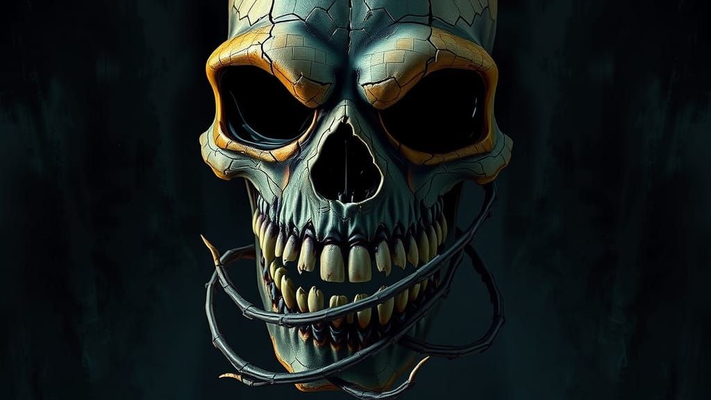 Eerie Biomechanical Skull Monster in Worn Mosaic Style