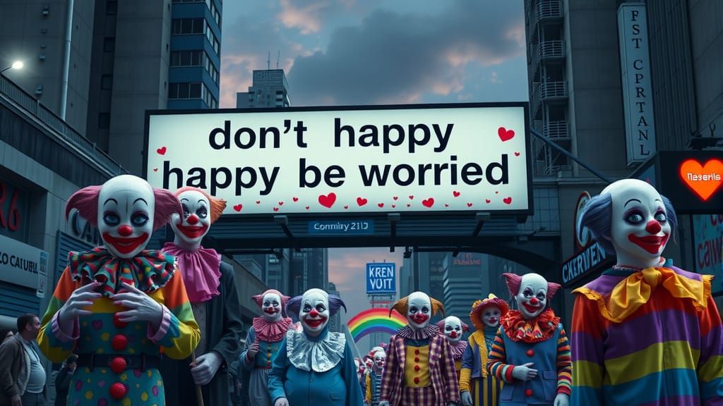 Dystopian City Billboard in Gothic Sans with Rainbow Clown P...