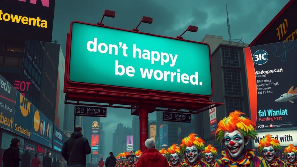Gothic City Billboard in a Dystopian Parade of Rainbow Clown...