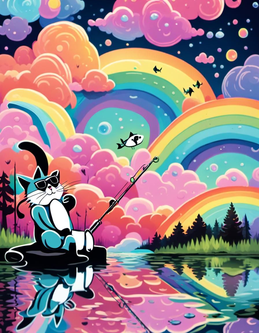 Vibrant Cat by Rainbow Pond in Whimsical Pastel Colors