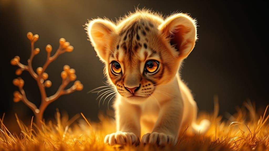 Ethereal Chibi Lion Cub Portrait in Retrofuturistic Style