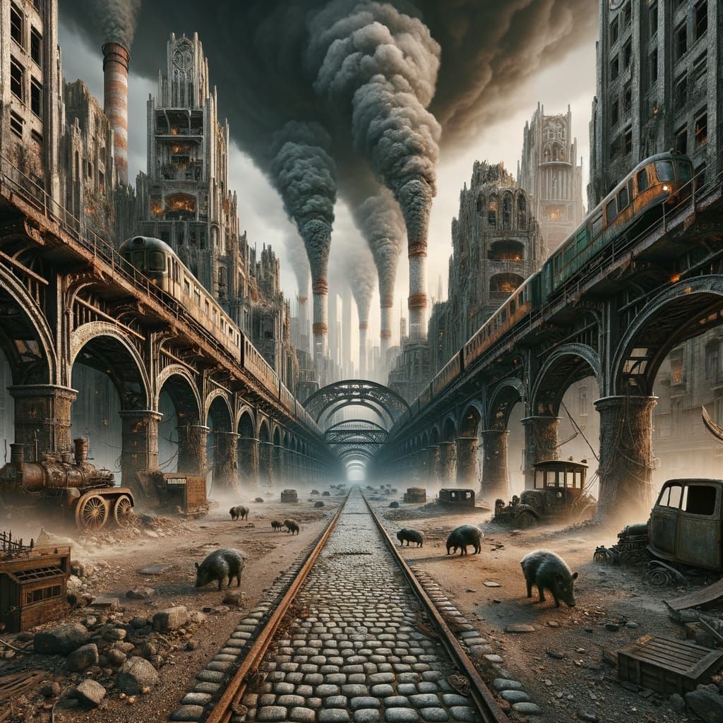 Dystopian Cityscape: Radioactive Boars in Futuristic Ruin