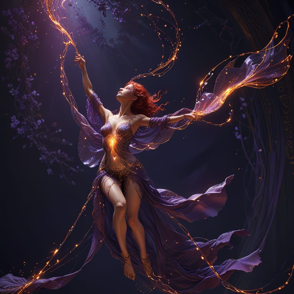 Glowing Red Goddess Suspended in Mid-Air