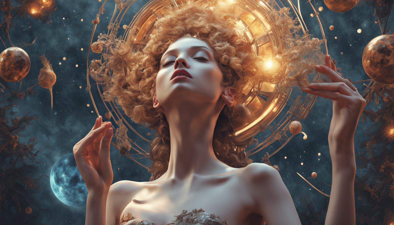 Transhumanist Woman Holds Sun and Moon in Cosmic Forest