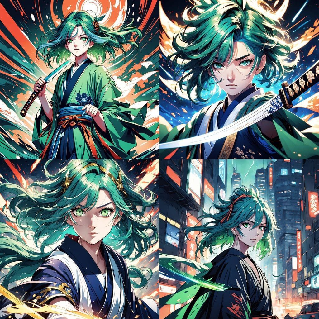 Anime Woman in Vibrant Kimono, Wielding Katana in Dynamic Po...