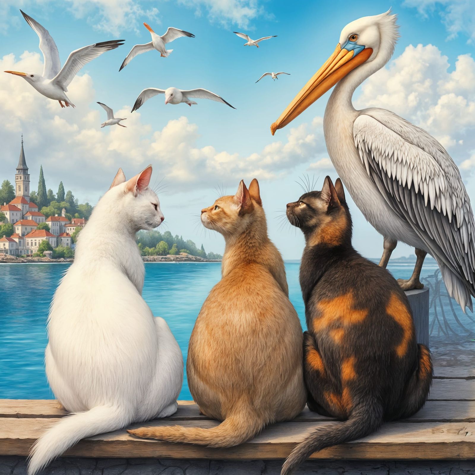 Cats and Pelican Watch Sea Birds on Sunny Wharf