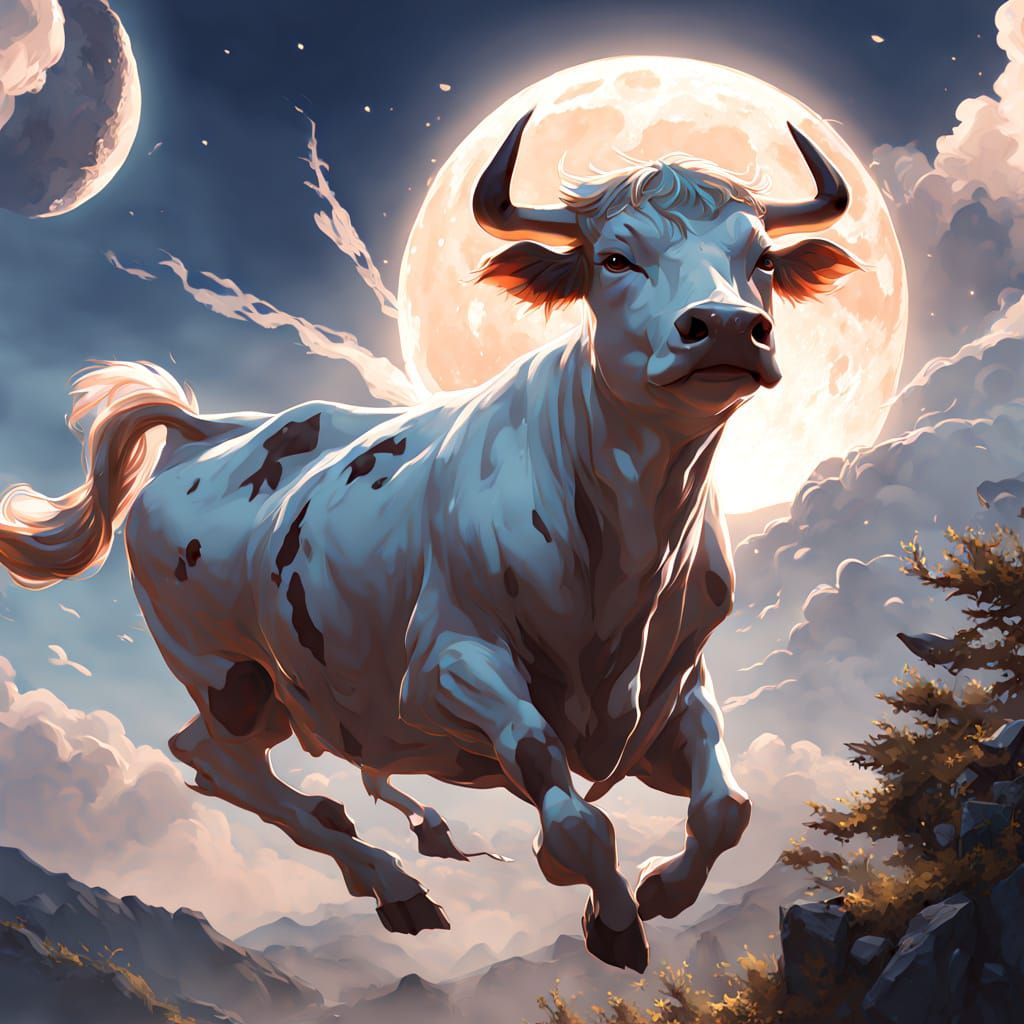 Whimsical Fantasy Cow Soars Under Vibrant Pastel Skies