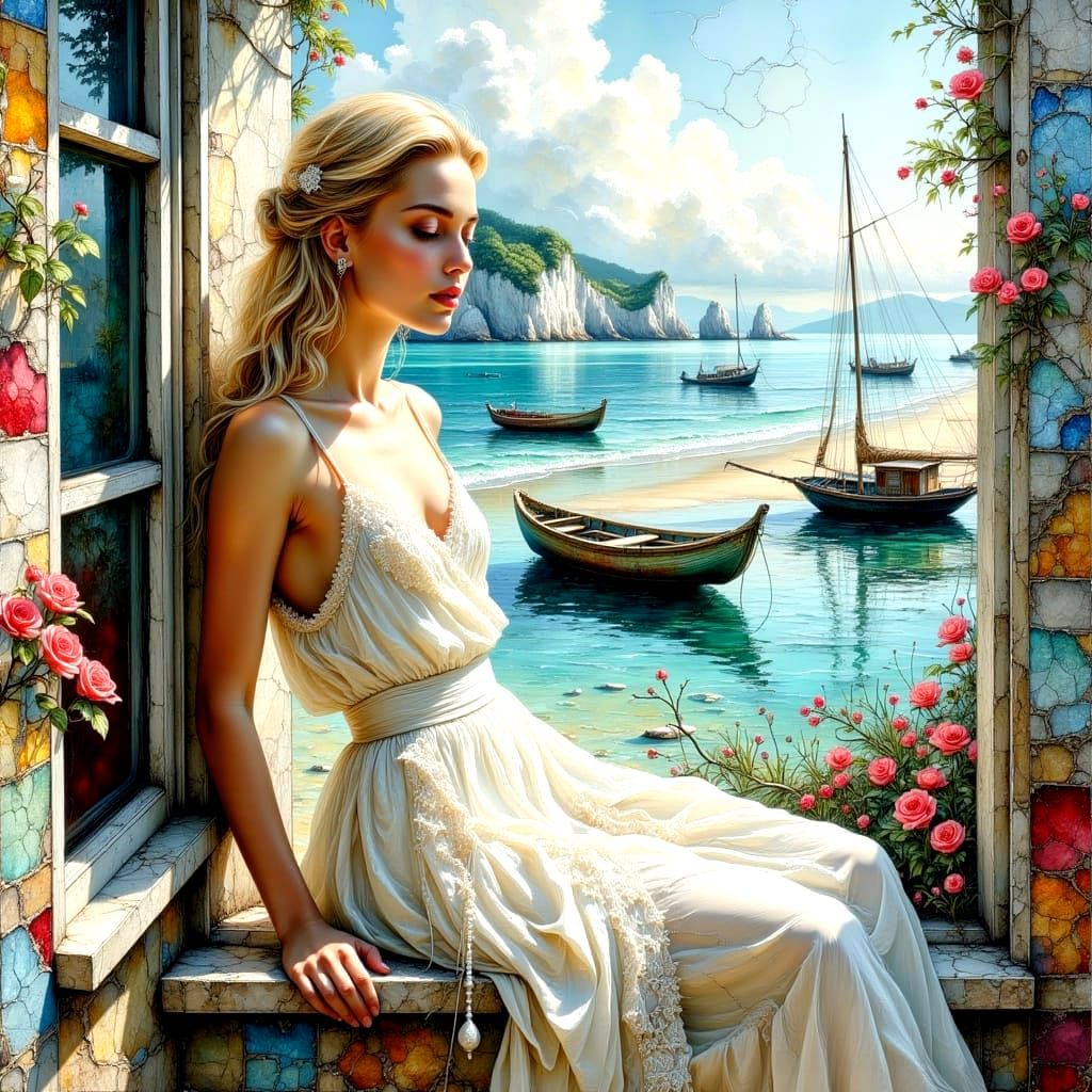 Irish Harbor View with Blonde, Impasto Oil Painting