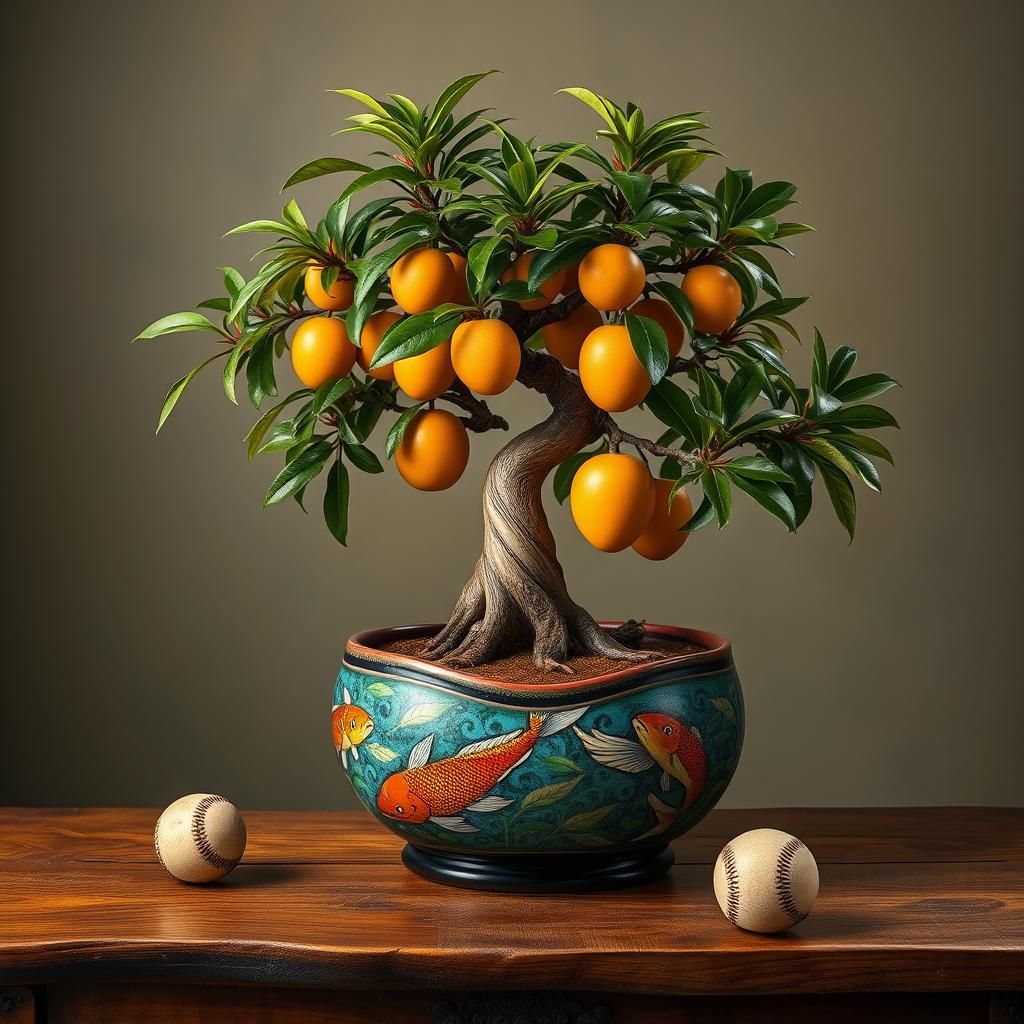 Majestic Mango Bonsai Tree with Koi Fish and Baseball
