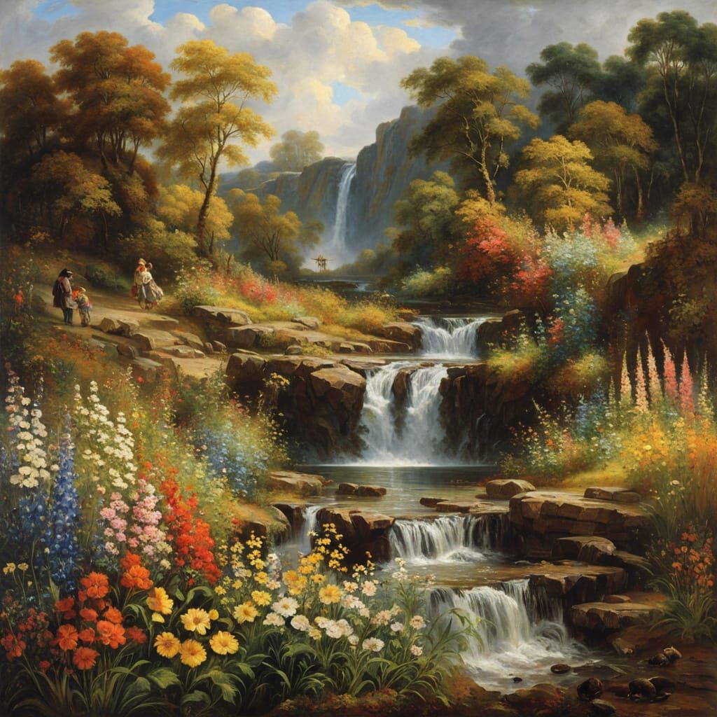Vibrant Wildflowers Flowing Down a Waterfall