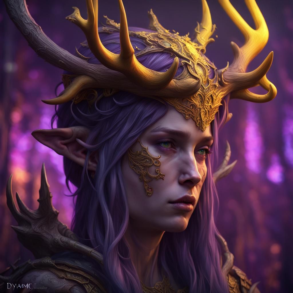 Ethereal Dark Fantasy Elf with Glowing Antlers in Decay