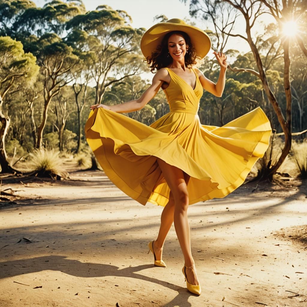 Vibrant Yellow-Toned Ballroom Dance Scene in a Classic Analo...