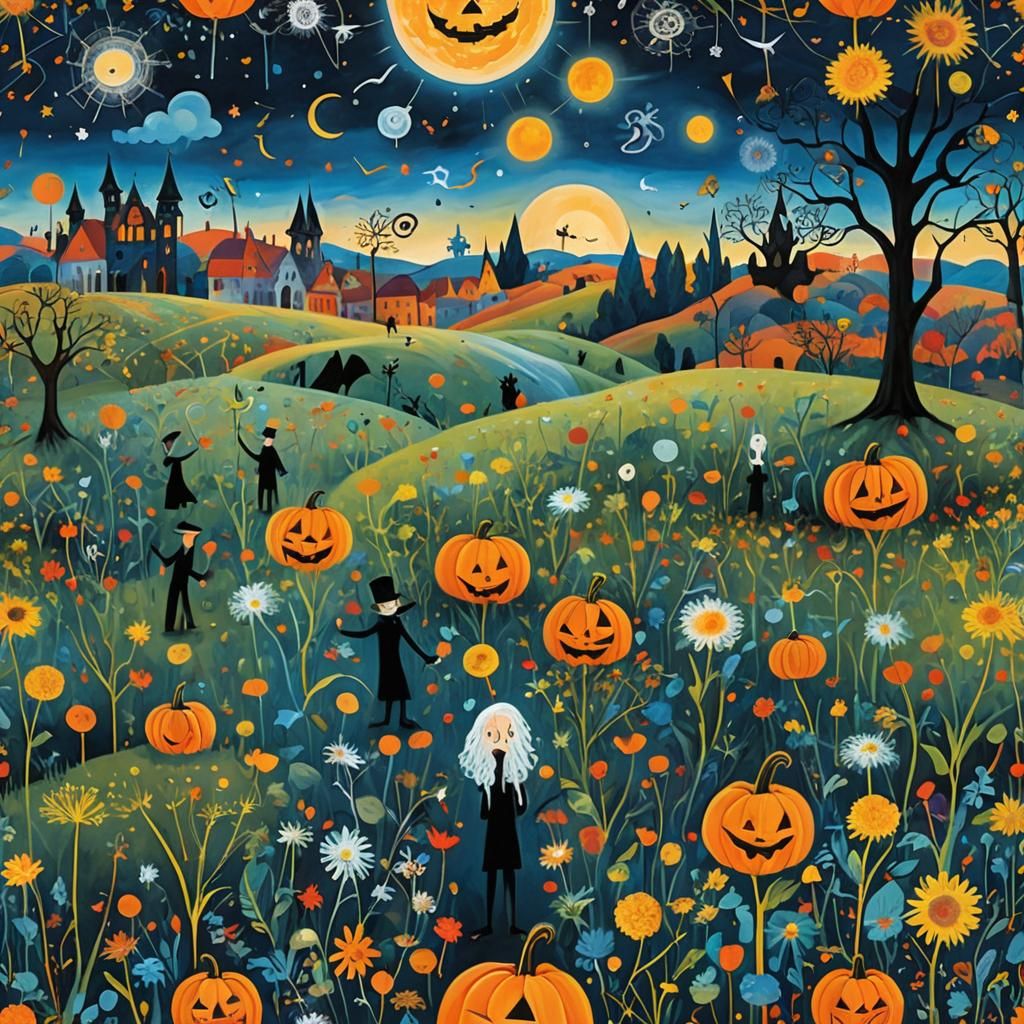 Surrealist Halloween Dreamscape with Kids' Art and Vibrant D...