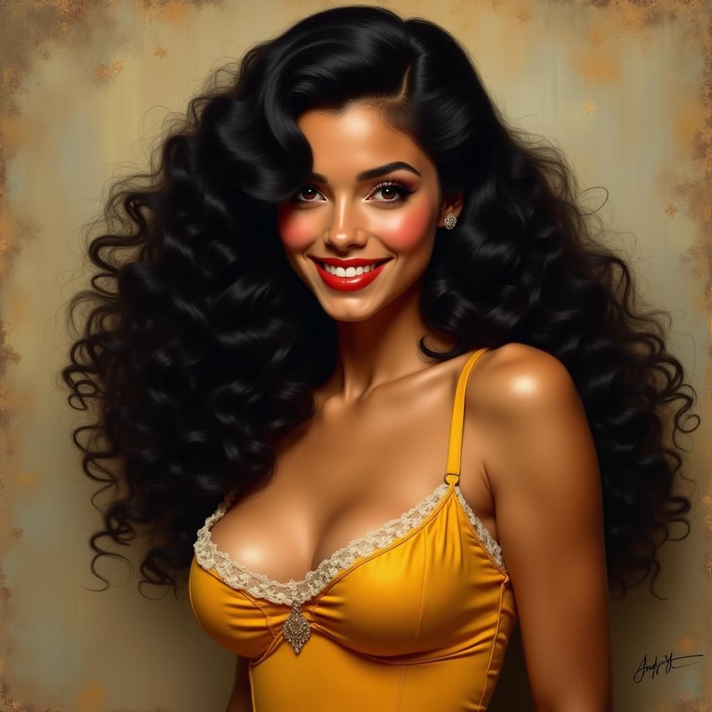Gorgeous Woman smiling long black curly hair, painting by Norman Rockwell and Alex Ross and Gil Elvgren and Artgerm and ...