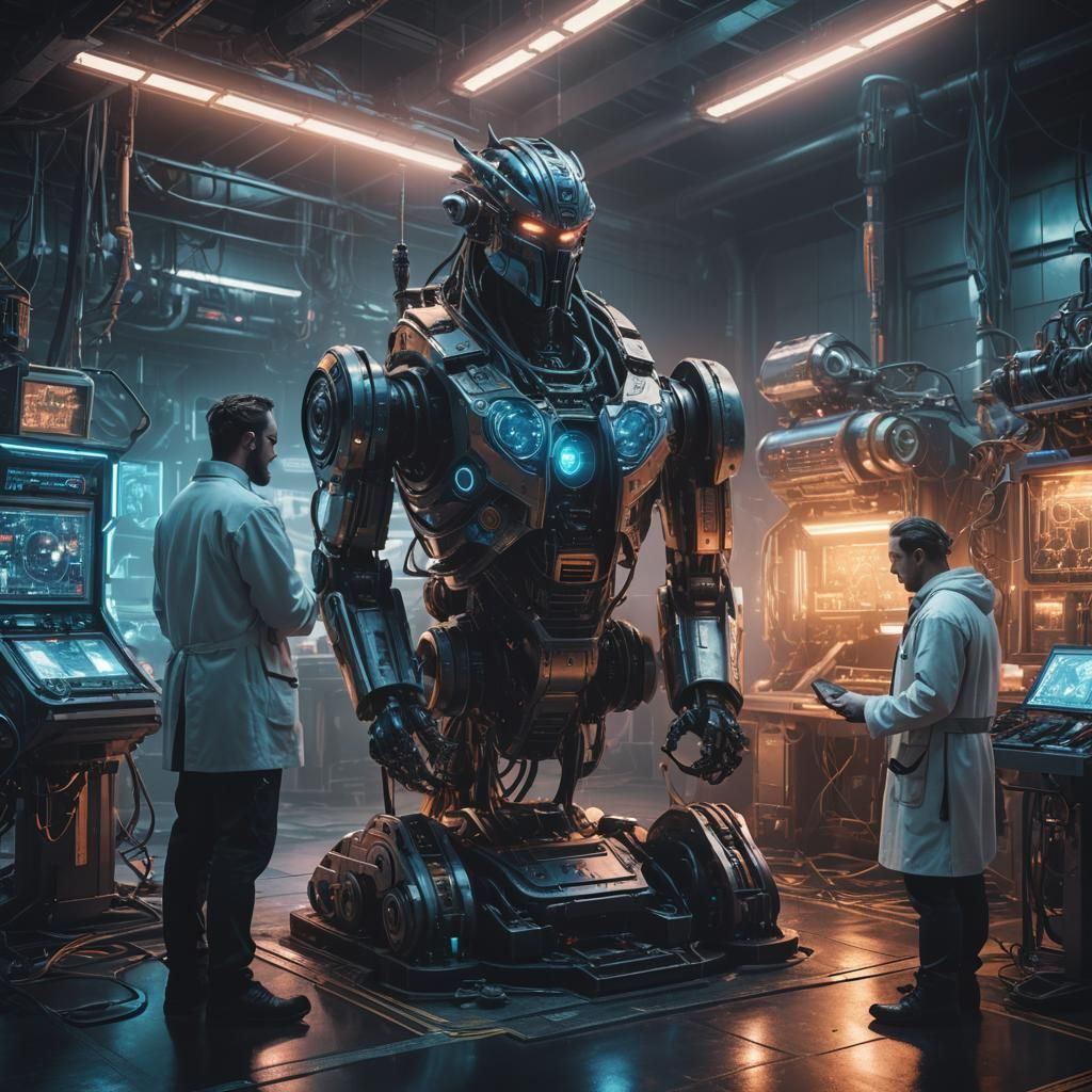 Cyberpunk Engineers Examine Futuristic Viking Robot in Neon-...